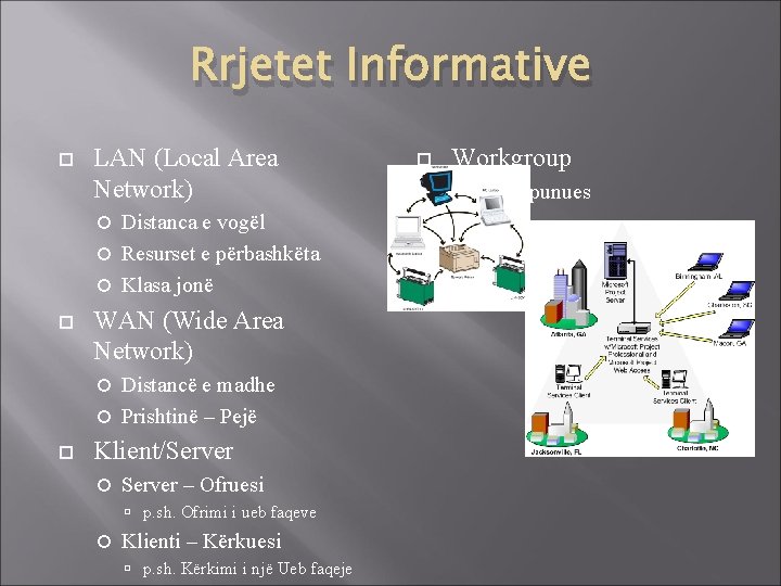 Rrjetet Informative LAN (Local Area Network) Distanca e vogël Resurset e përbashkëta Klasa jonë