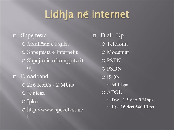 Lidhja në internet Shpejtësia Madhësia Dial –Up e Fajllit Shpejtësia e Internetit Shpejtësia e