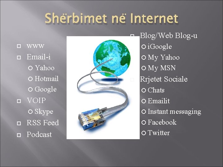 Shërbimet në Internet www Email-i i. Google My Yahoo My MSN Yahoo Hotmail Blog/Web