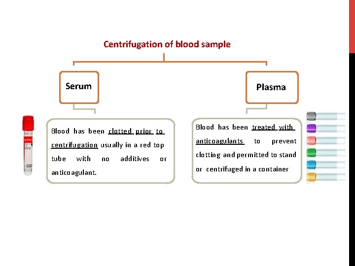 Centrifugation of blood sample Serum Plasma Blood has been clotted prior to Blood has Centrifugation of blood sample Serum Plasma Blood has been clotted prior to Blood has