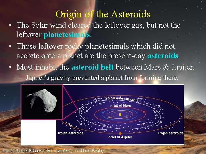 Origin of the Asteroids • The Solar wind cleared the leftover gas, but not