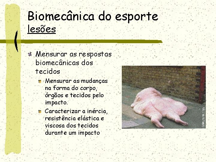 Biomecânica do esporte lesões Mensurar as respostas biomecânicas dos tecidos Mensurar as mudanças na