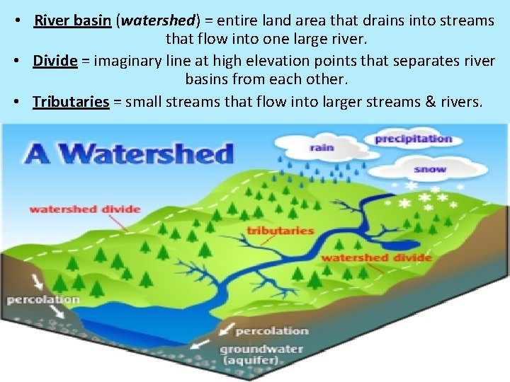  • River basin (watershed) = entire land area that drains into streams that