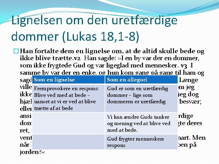 Lignelsen om den uretfærdige dommer (Lukas 18, 1 -8) �Han fortalte dem en lignelse