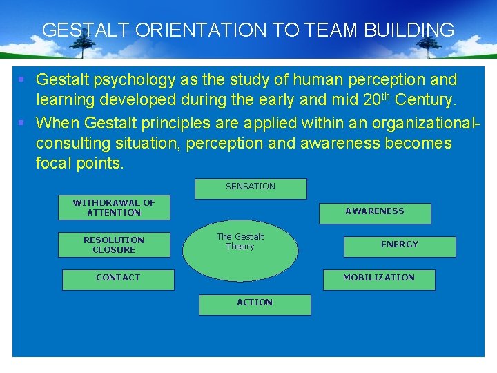 GESTALT ORIENTATION TO TEAM BUILDING § Gestalt psychology as the study of human perception