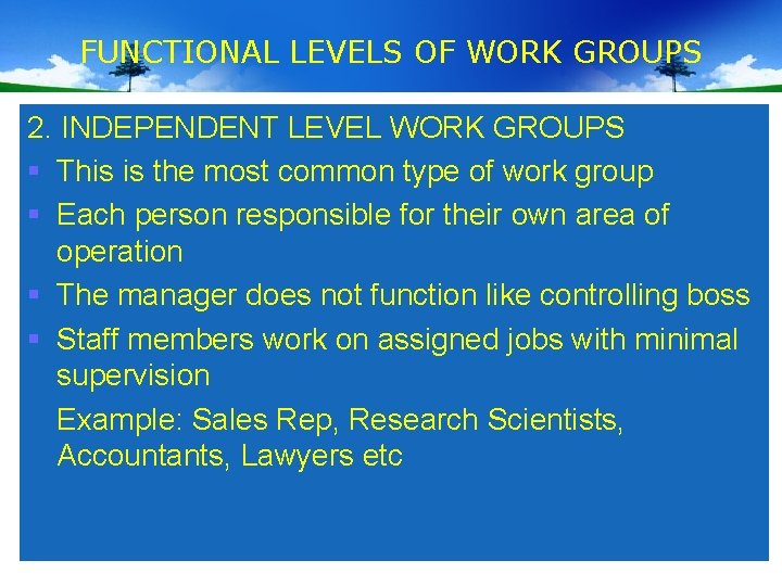 FUNCTIONAL LEVELS OF WORK GROUPS 2. INDEPENDENT LEVEL WORK GROUPS § This is the