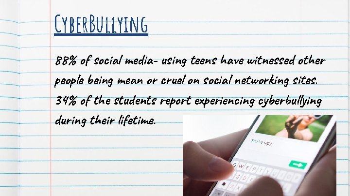 Cyber. Bullying 88% of social media- using teens have witnessed other people being mean Cyber. Bullying 88% of social media- using teens have witnessed other people being mean