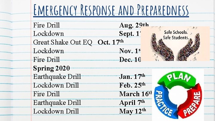 Emergency Response and Preparedness Fire Drill Aug. 29 th Lockdown Sept. 17 th Great Emergency Response and Preparedness Fire Drill Aug. 29 th Lockdown Sept. 17 th Great