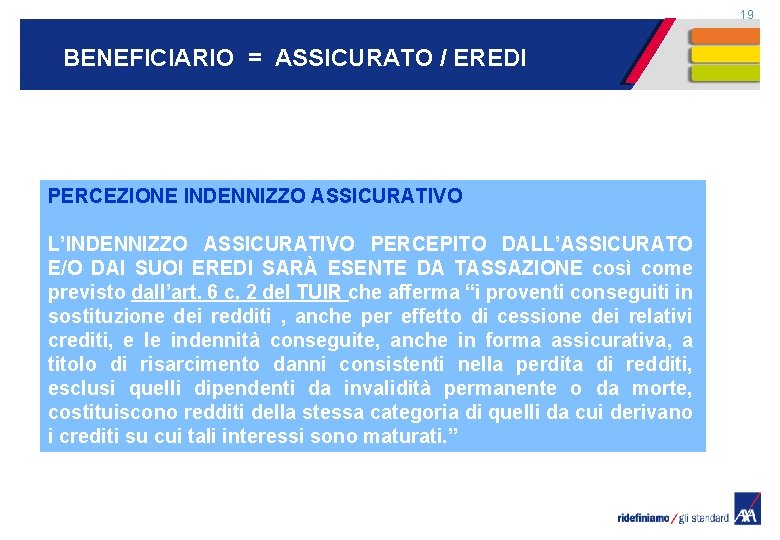 19 BENEFICIARIO = ASSICURATO / EREDI PERCEZIONE INDENNIZZO ASSICURATIVO L’INDENNIZZO ASSICURATIVO PERCEPITO DALL’ASSICURATO E/O