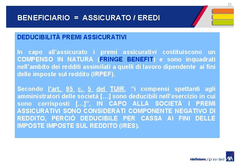 21 BENEFICIARIO = ASSICURATO / EREDI DEDUCIBILITÀ PREMI ASSICURATIVI In capo all’assicurato i premi