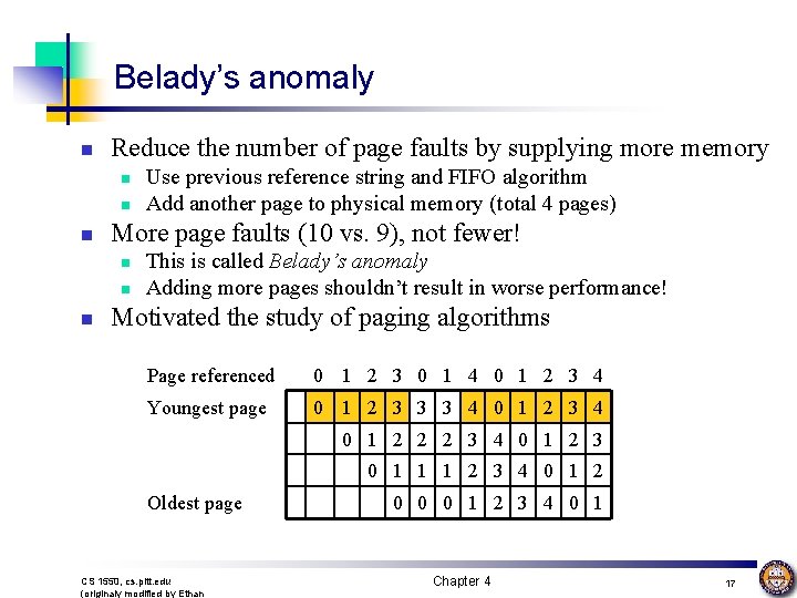 Belady’s anomaly n Reduce the number of page faults by supplying more memory n