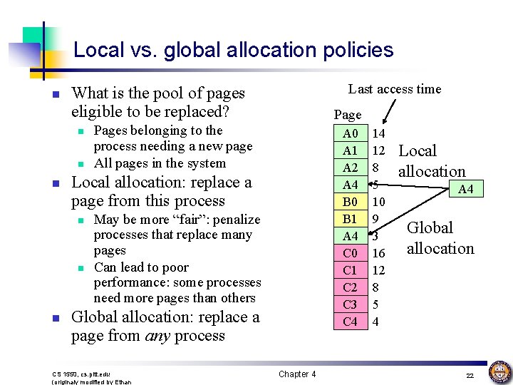 Local vs. global allocation policies n n Pages belonging to the process needing a