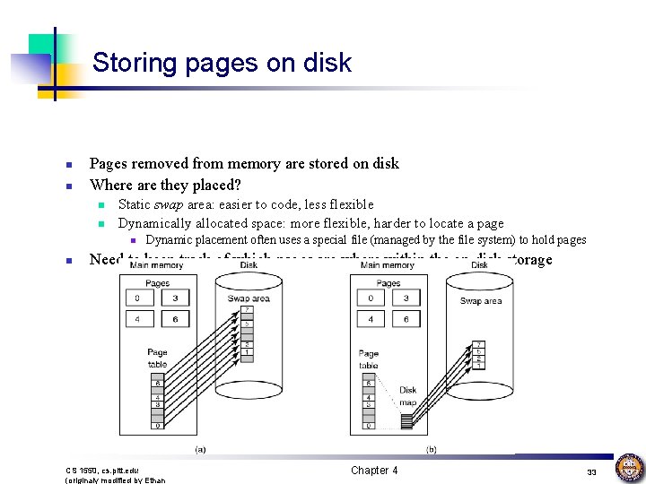 Storing pages on disk n n Pages removed from memory are stored on disk