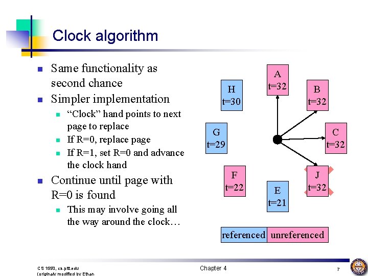 Clock algorithm n n Same functionality as second chance Simpler implementation n n “Clock”