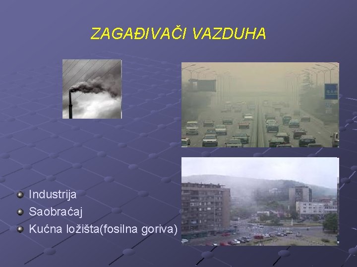 ZAGAĐIVAČI VAZDUHA Industrija Saobraćaj Kućna ložišta(fosilna goriva) 