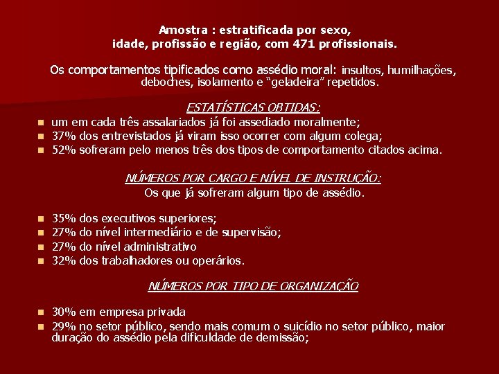 Amostra : estratificada por sexo, idade, profissão e região, com 471 profissionais. Os comportamentos