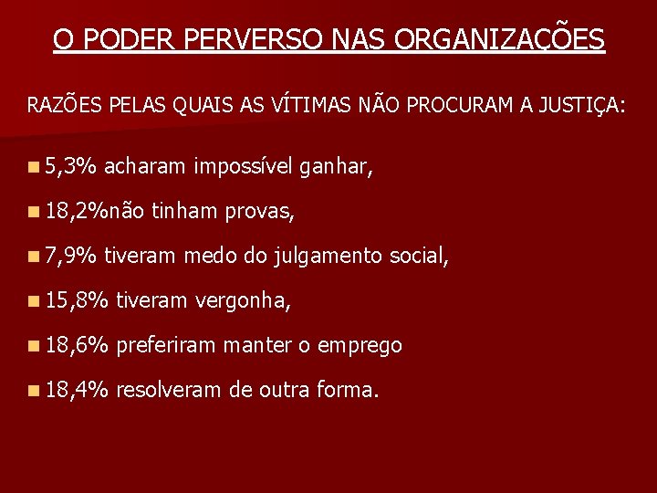 O PODER PERVERSO NAS ORGANIZAÇÕES RAZÕES PELAS QUAIS AS VÍTIMAS NÃO PROCURAM A JUSTIÇA: