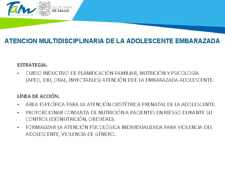 ATENCION MULTIDISCIPLINARIA DE LA ADOLESCENTE EMBARAZADA ESTRATEGIA. § CURSO INDUCTIVO DE PLANIFICACIÓN FAMILIAR, NUTRICIÓN