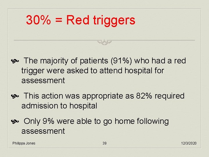 30% = Red triggers The majority of patients (91%) who had a red trigger