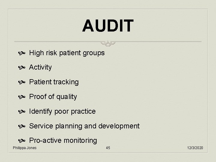 AUDIT High risk patient groups Activity Patient tracking Proof of quality Identify poor practice