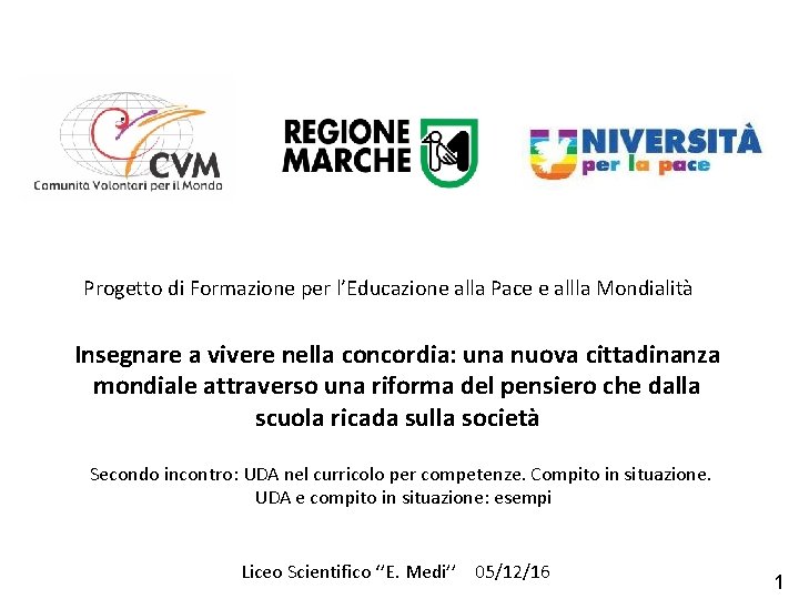Progetto di Formazione per l’Educazione alla Pace e allla Mondialità Insegnare a vivere Progetto di Formazione per l’Educazione alla Pace e allla Mondialità Insegnare a vivere