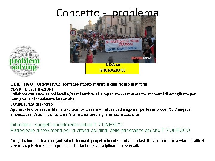 Concetto - problema UDA su MIGRAZIONE OBIETTIVO FORMATIVO: formare l’abito mentale dell’homo migrans COMPITO Concetto - problema UDA su MIGRAZIONE OBIETTIVO FORMATIVO: formare l’abito mentale dell’homo migrans COMPITO