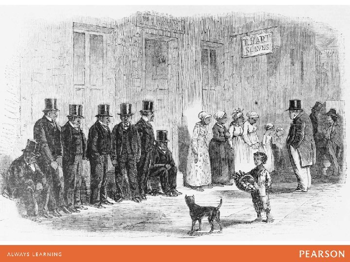 Slaves, dressed in new clothing, lined up outside a New Orleans slave pen for