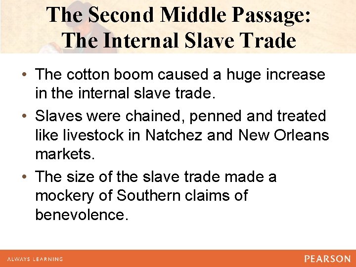 The Second Middle Passage: The Internal Slave Trade • The cotton boom caused a