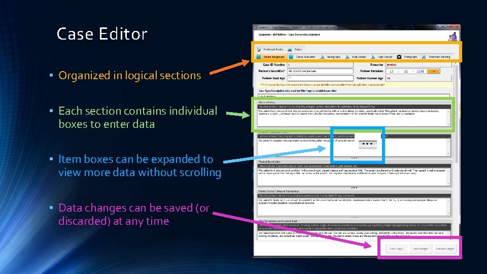 Case Editor • Organized in logical sections • Each section contains individual boxes to