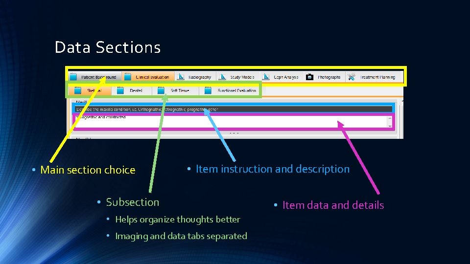 Data Sections • Main section choice • Item instruction and description • Subsection •