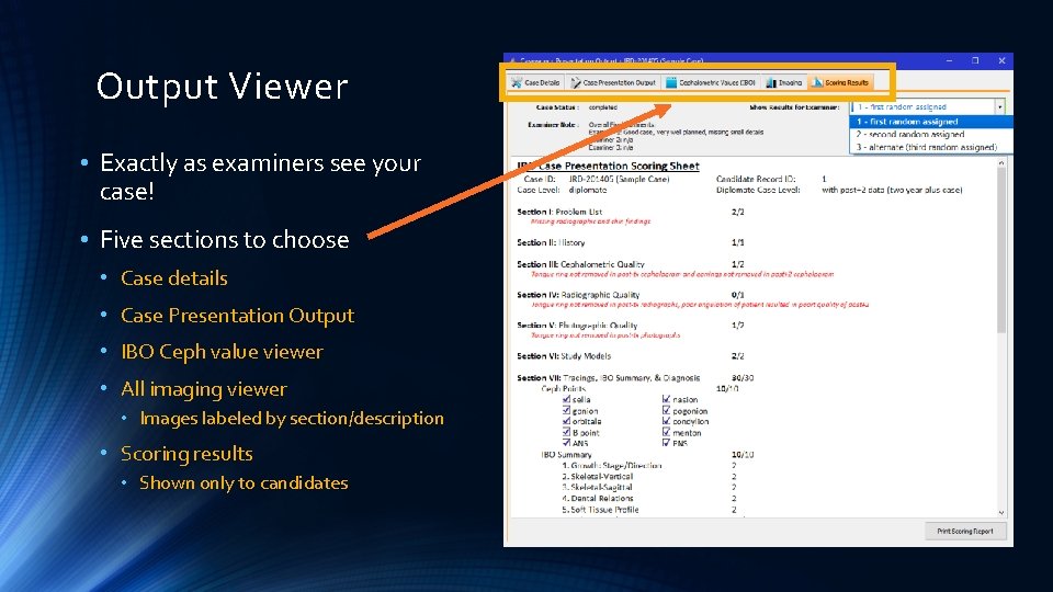 Output Viewer • Exactly as examiners see your case! • Five sections to choose
