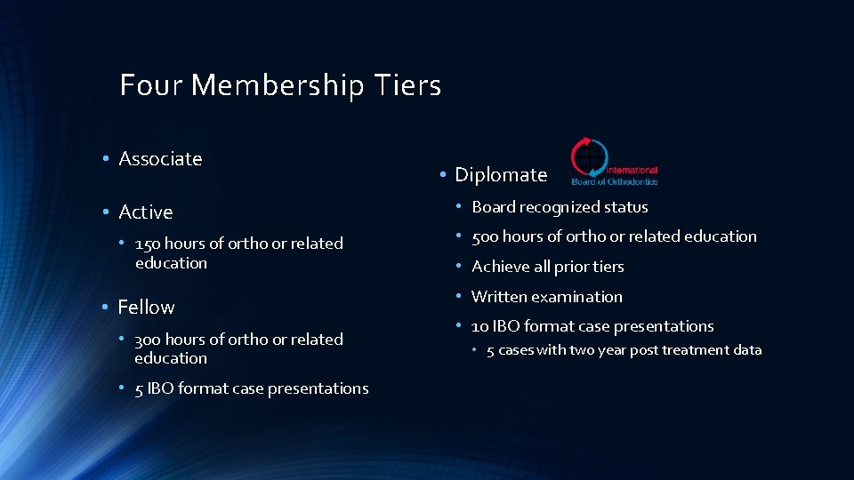 Four Membership Tiers • Associate • Active • 150 hours of ortho or related