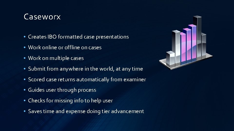 Caseworx • Creates IBO formatted case presentations • Work online or offline on cases