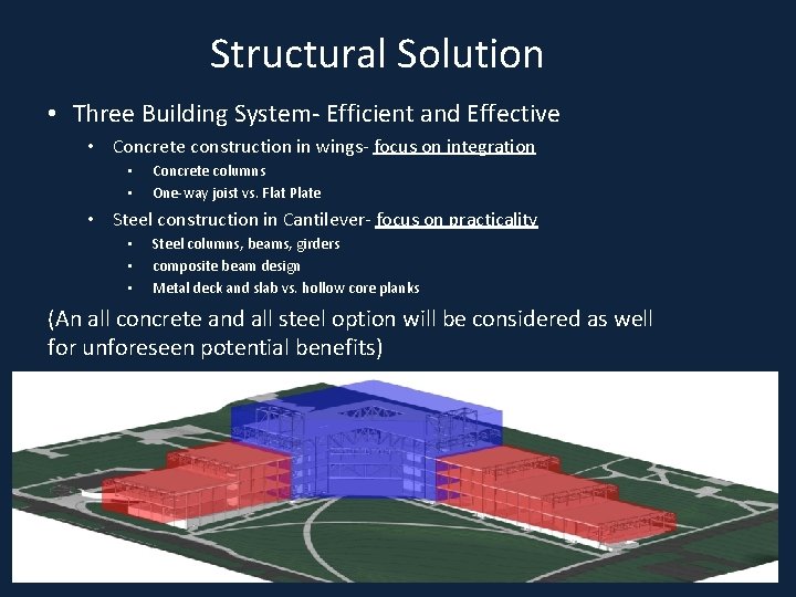 Structural Solution • Three Building System- Efficient and Effective • Concrete construction in wings-