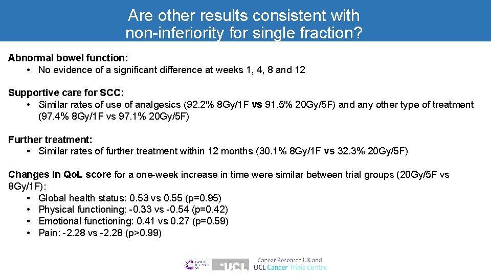 Are other results consistent with non-inferiority for single fraction? Abnormal bowel function: • No