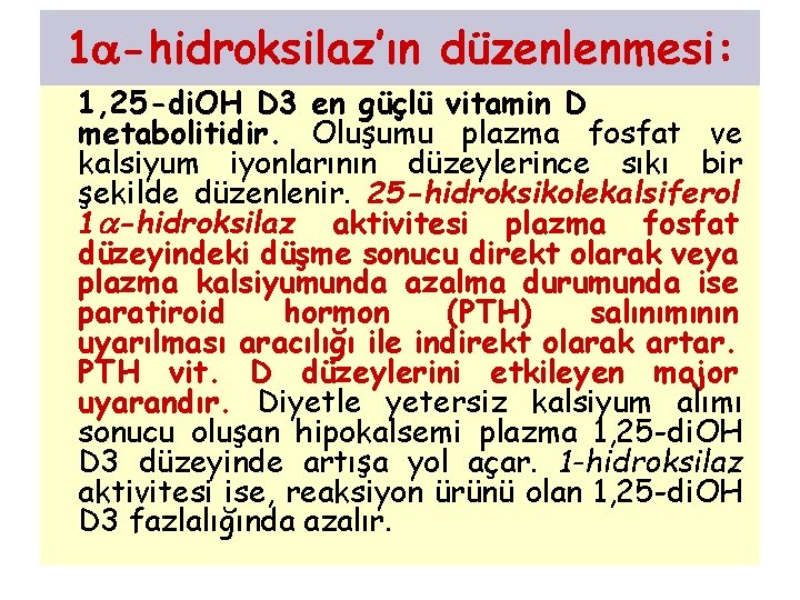 1 -hidroksilaz’ın düzenlenmesi: 1, 25 -di. OH D 3 en güçlü vitamin D metabolitidir.