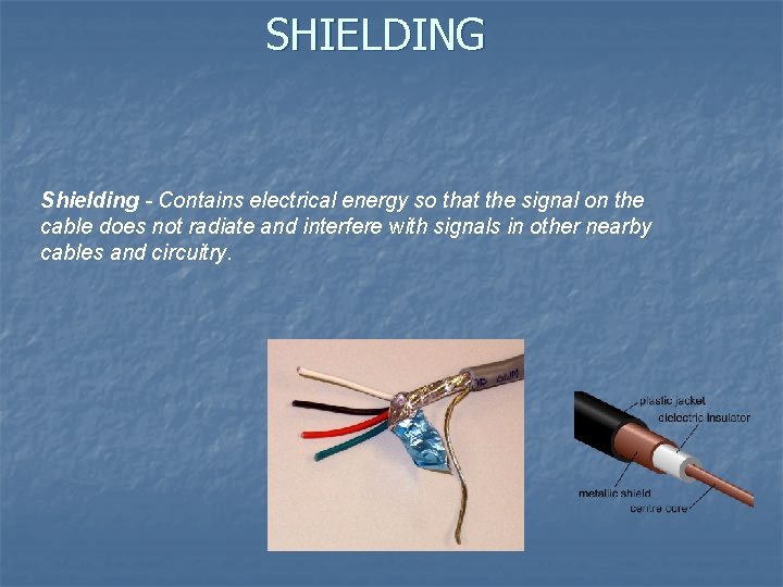 SHIELDING Shielding - Contains electrical energy so that the signal on the cable does