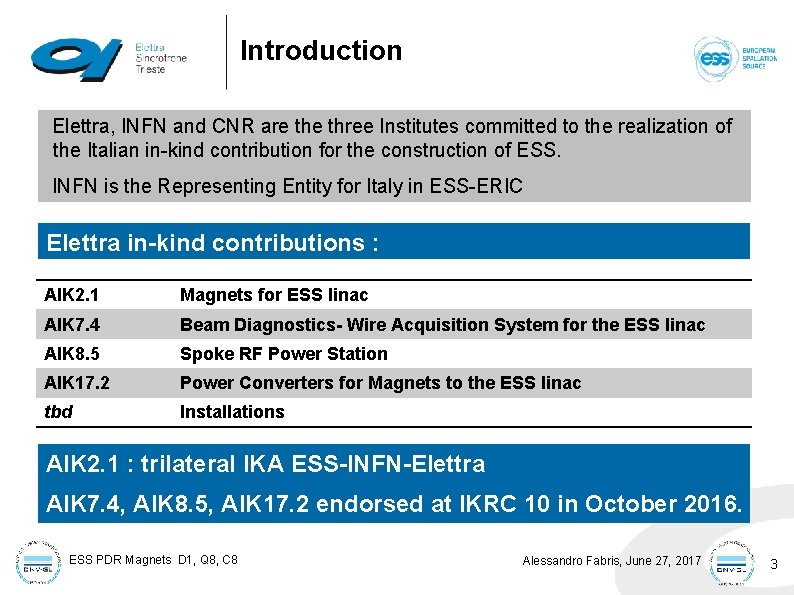 Introduction Elettra, INFN and CNR are three Institutes committed to the realization of the