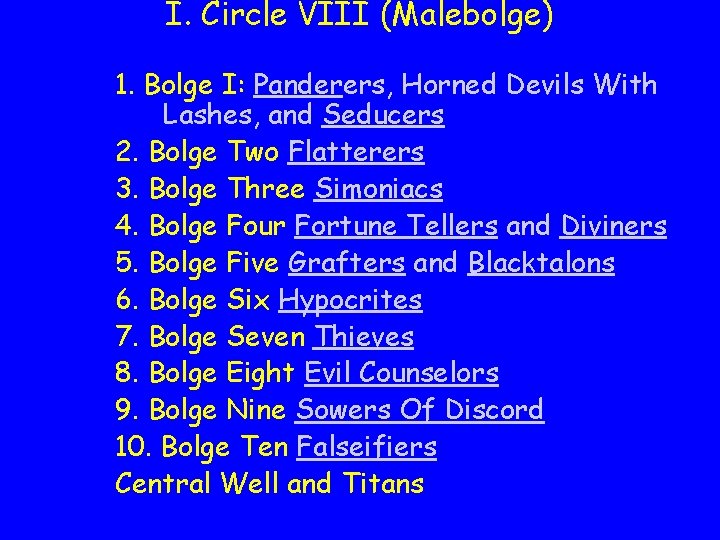 I. Circle VIII (Malebolge) 1. Bolge I: Panderers, Horned Devils With Lashes, and Seducers