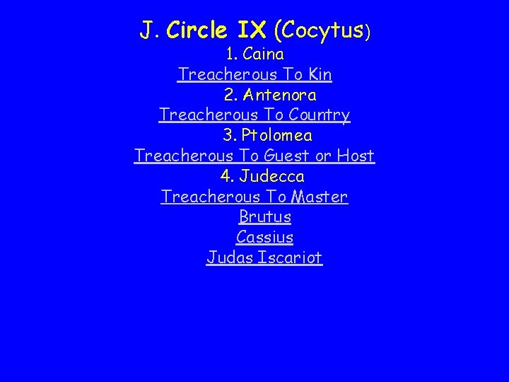 J. Circle IX (Cocytus) 1. Caina Treacherous To Kin 2. Antenora Treacherous To Country