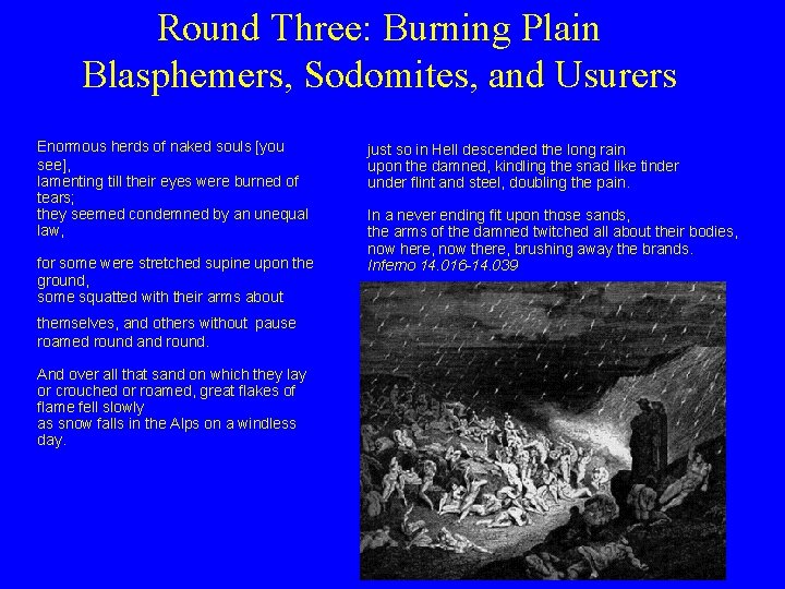 Round Three: Burning Plain Blasphemers, Sodomites, and Usurers Enormous herds of naked souls [you