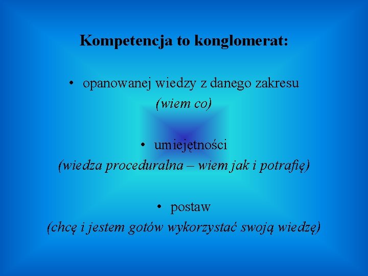 Kompetencja to konglomerat: • opanowanej wiedzy z danego zakresu (wiem co) • umiejętności (wiedza