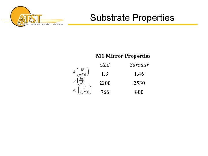 Substrate Properties M 1 Mirror Properties ULE Zerodur 1. 3 1. 46 2300 2530
