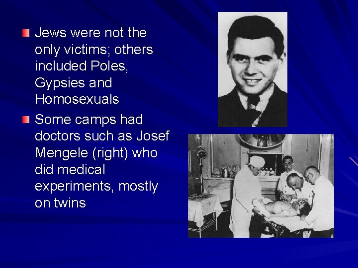 Jews were not the only victims; others included Poles, Gypsies and Homosexuals Some camps