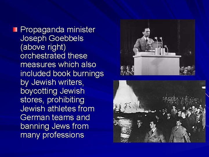 Propaganda minister Joseph Goebbels (above right) orchestrated these measures which also included book burnings