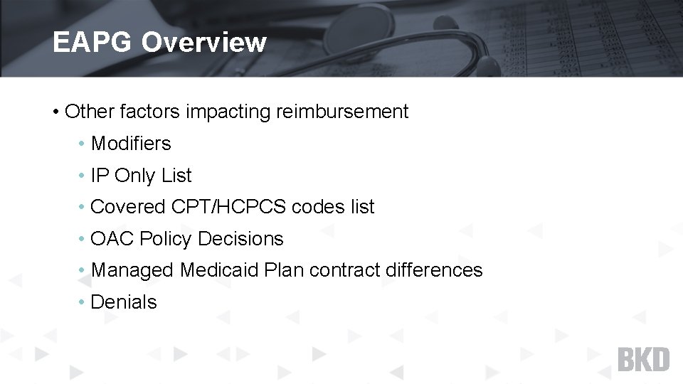EAPG Overview • Other factors impacting reimbursement • Modifiers • IP Only List •