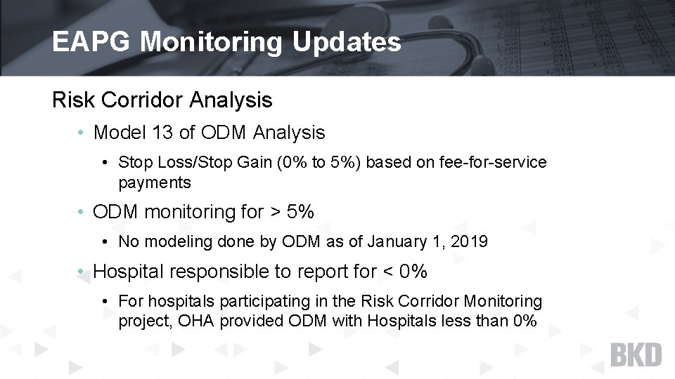 EAPG Monitoring Updates Risk Corridor Analysis • Model 13 of ODM Analysis • Stop