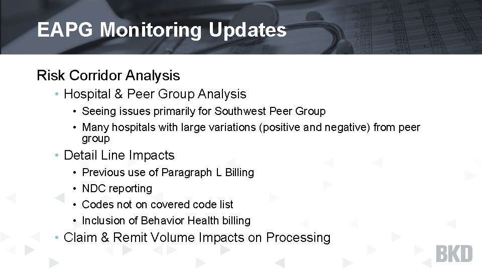 EAPG Monitoring Updates Risk Corridor Analysis • Hospital & Peer Group Analysis • Seeing