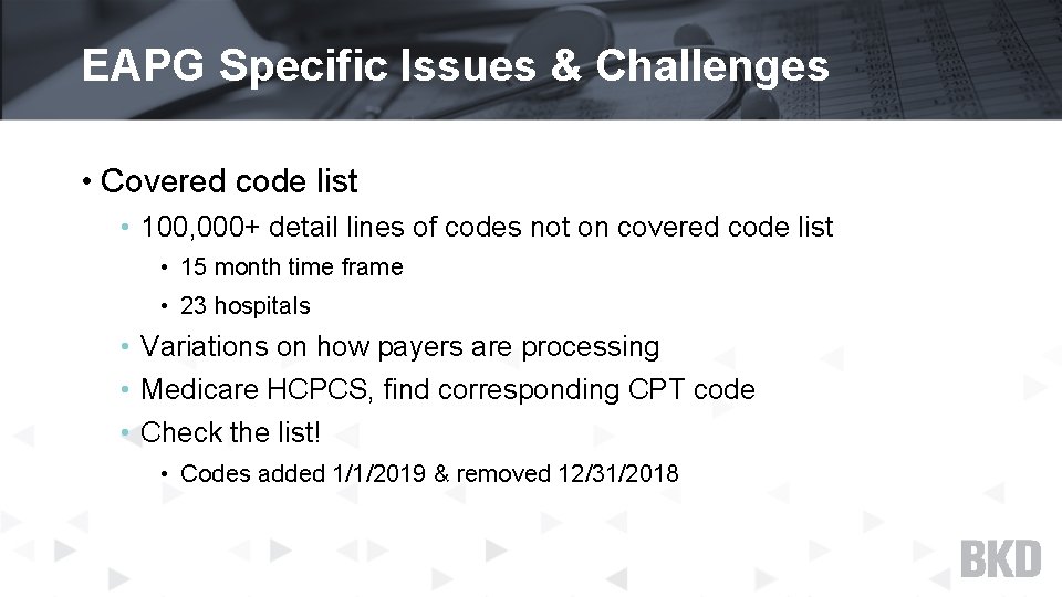 EAPG Specific Issues & Challenges • Covered code list • 100, 000+ detail lines