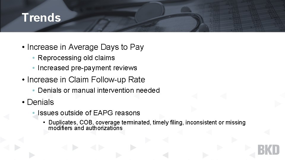 Trends • Increase in Average Days to Pay • Reprocessing old claims • Increased